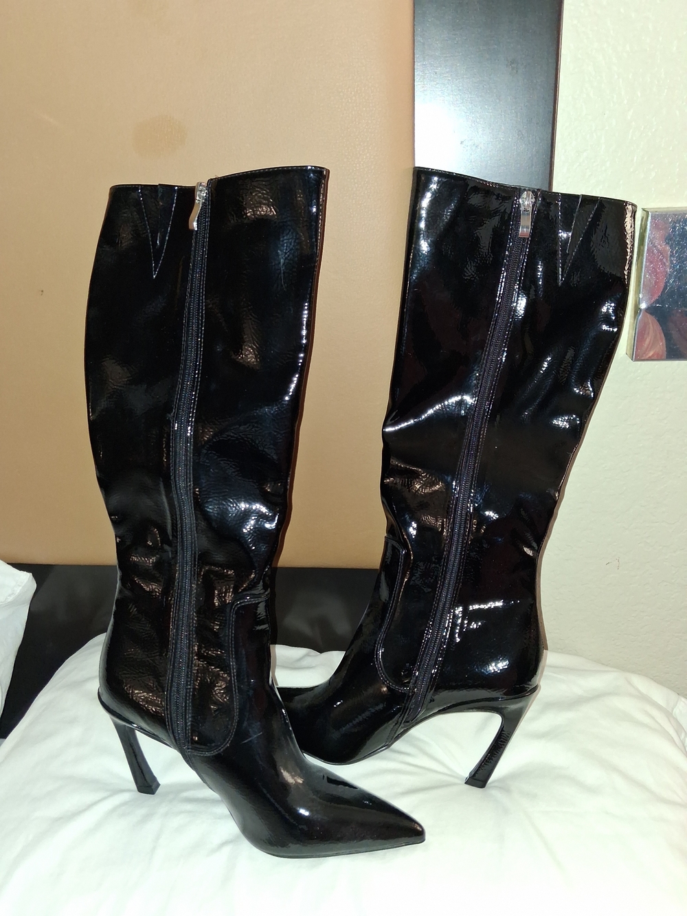 Cider Black Patent Knee-High Pointed Toe Stiletto Boots